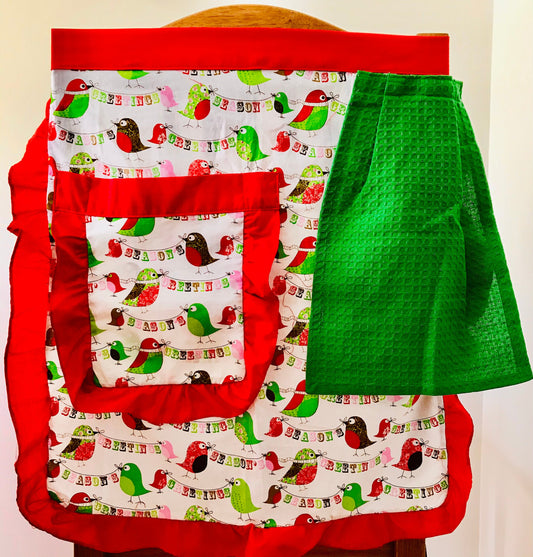 Christmas Waist Apron with Hand Towel and Pocket- Seasons Greetings Birdy Print