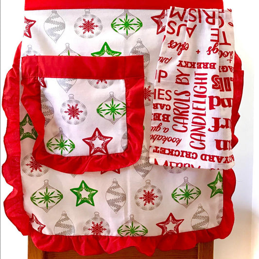 Christmas Waist Apron with Hand Towel and Pocket- Christmas Baubles