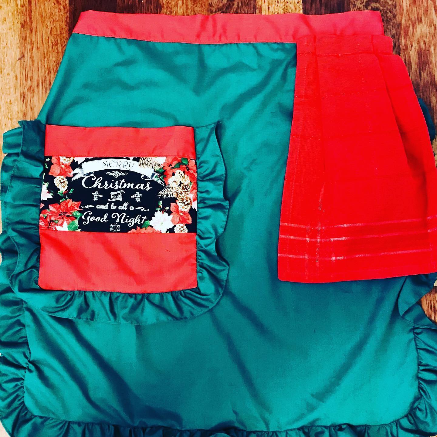 Christmas Waist Apron with Hand Towel and Pocket- Plain Green with "Poinsettia Pocket" and "Glittery Red" Hand Towel