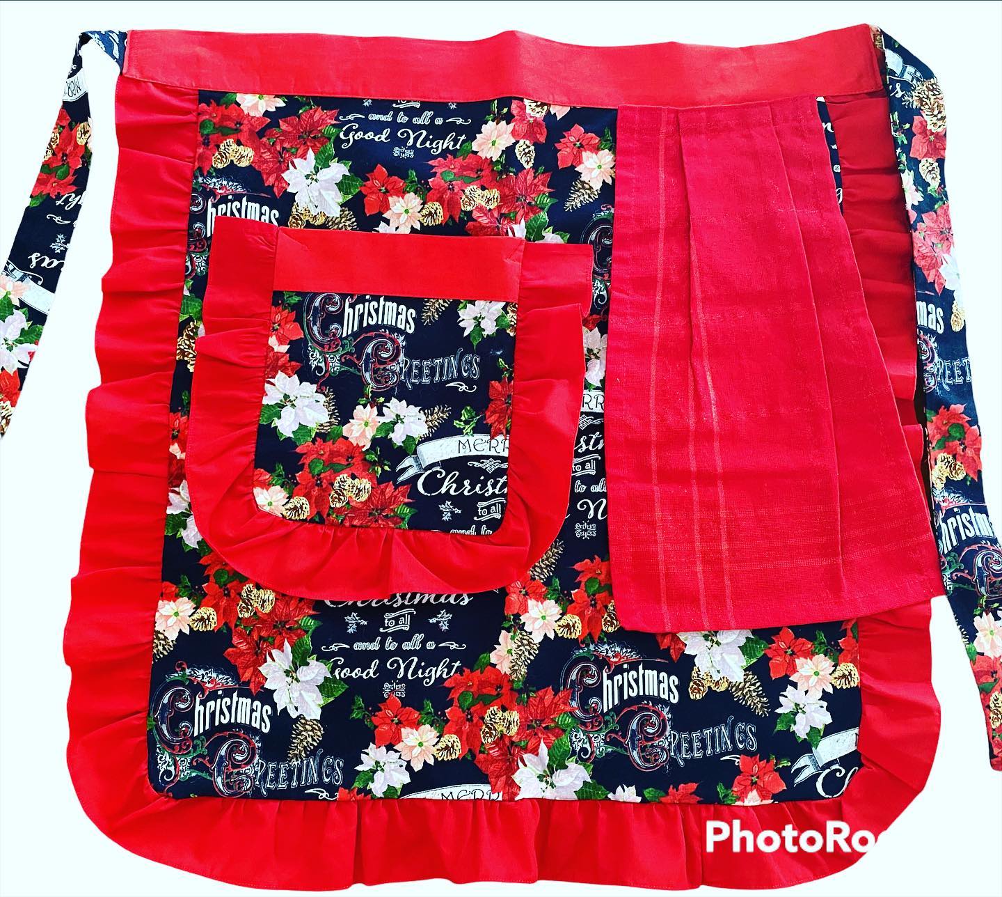 Christmas Waist Apron with Hand Towel and Pocket- "Pink and Red Poinsettias" Print